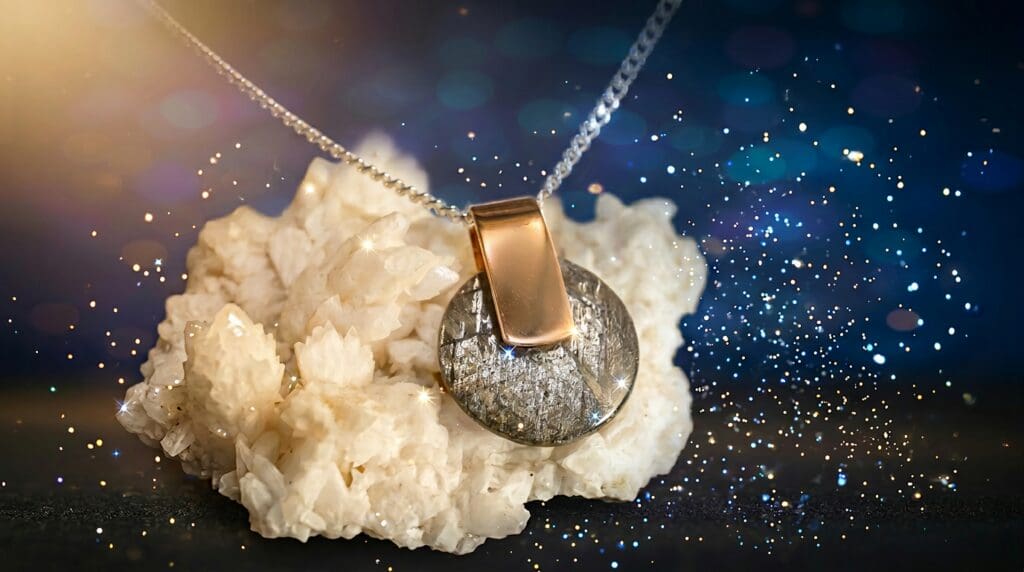 Anhänger aus Muonionalusta Eisenmeteorit an rosévergoldeter Schmuckschlaufe.